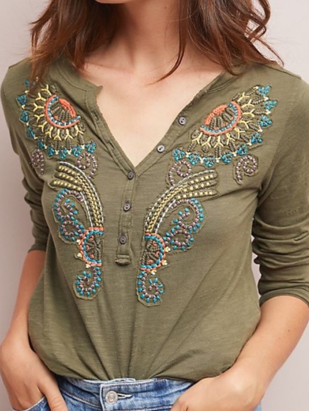 Anthropologie Akemi-Kin Olive Embroidered Henley with Teal & Gold Accents